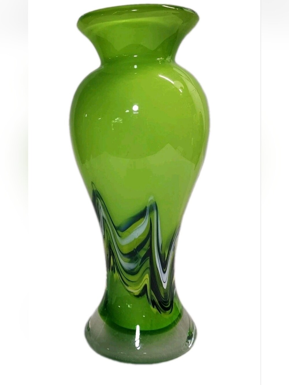 Blown Art Glass Vase Apple Lime Green With Swirls Heavy 10" With Label